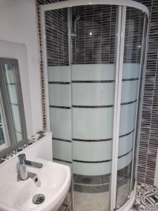 a bathroom with a sink and a shower at Le Studio du Docteur Privey - Free & secure Park Bike -3mn Autoroute in Tournus