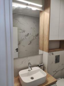 a bathroom with a white sink and a mirror at Kaskade Hill Apartments in Novi Sad