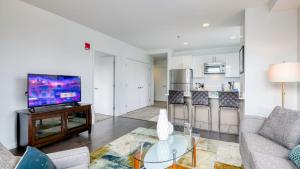 a living room with a couch and a tv at Luxury Apt Near Charles River in Cambridge