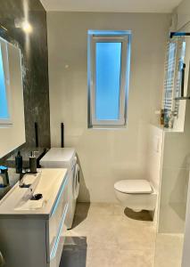 a bathroom with a toilet and a sink and a window at Przystanek Skarpa in Olsztyn