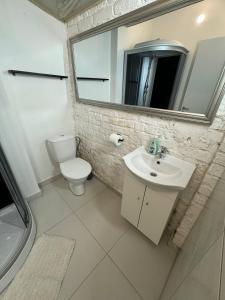 Un baño con lavabo, inodoro y espejo. en Eksporta Appartaments, en Riga