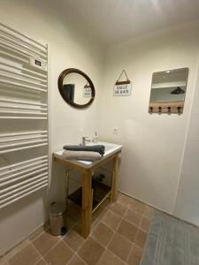 ein Badezimmer mit Waschbecken und Spiegel an der Wand in der Unterkunft Appartements centre-ville in Bagnères-de-Bigorre