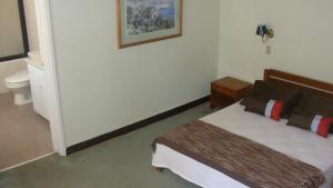 Habitación de hotel con cama y aseo en Hotel Chalet Suizo, en Viña del Mar
