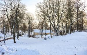 un patio cubierto de nieve con una casa y árboles en Amazing Home In Tomelilla With Wi-Fi, en Tomelilla 30 fotos más