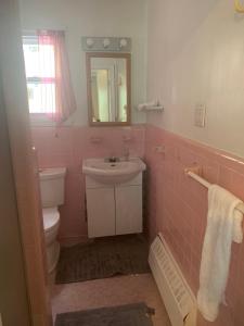 a pink bathroom with a sink and a toilet at Montréal Steps Downtown Private Rooms in Montreal