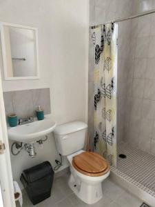 ein Badezimmer mit Toilette, Waschbecken und Dusche in der Unterkunft Casa María in Gallinero