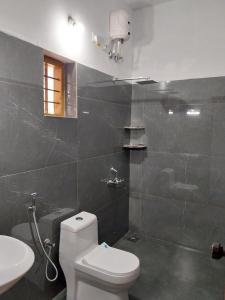 un bagno con un water bianco e un lavandino di Munroe Heritage Inn a Munroe Island