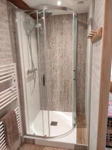 a shower with a glass door in a bathroom at Le PTit Atelier, Appartement cosy à Champagnole in Champagnole