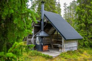 a building with a stove in the middle of a forest at Ruka Inn in Ruka