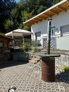 a dog standing in front of a house with a fountain at Elas Ferienhaus 66 in Freyung