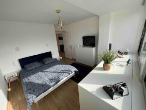 a bedroom with a bed and a white desk at Plein centre-ville T2 refait à neuf in Aix-les-Bains