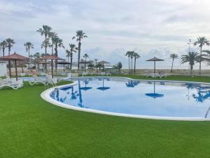 a large swimming pool with chairs and palm trees at Espacio2,1a línea,jacuzzi,piscina in Cullera
