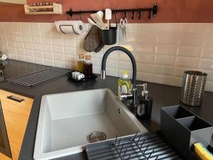 eine Küchentheke mit Spüle in der Küche in der Unterkunft Charme et quiétude au cœur du Haut-Jura in Lamoura