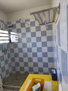 un bagno con doccia con piastrelle blu e bianche di Combava a Saint-Pierre Altre 4 foto