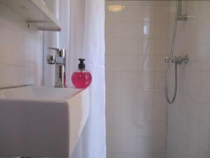 a bathroom with a shower and a sink with a soap bottle at Miss Jordaan for Quiet Travellers in Amsterdam