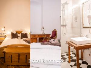 two pictures of a hotel room with a sink and a bathroom at Boutique Hotel Le Baron in Găneşti +37 photos