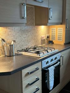 a kitchen with a stove and a stove top oven at Kingfisher Apartment in Dunfermline +12 photos