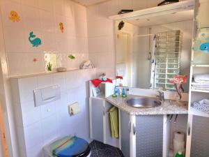 a small bathroom with a sink and a mirror at Haus Kalle in Harlesiel +17 photos
