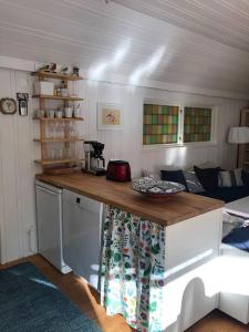a small kitchen with a counter in a room at Havsutsikt, bekvämt och renoverat på Utö in Utögruvor