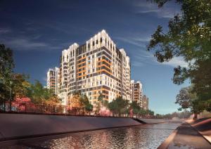 a rendering of a tall building next to a river at Riviera apartment for 6 persons in Almaty