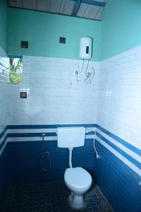 a blue bathroom with a toilet and a shower at Shreeram Homestay in Gokarn