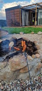 PowałkiにあるStrefa relaxu u JJの岩の上にホットドッグを乗せたグリル