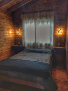 a bedroom with a bed with a window and lights at Cabaña Megara en Complejo Marea in Tigre