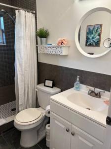 a bathroom with a toilet and a sink and a mirror at Secluded Beach Adventure Cabana - Newly Renovated! in Pompano Beach +19 photos