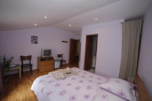 a bedroom with a bed and a desk and a tv at Pension Casa Anadam in Băile Herculane