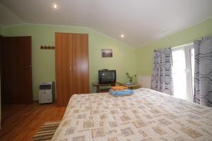 a bedroom with a bed with a television and a window at Pension Casa Anadam in Băile Herculane