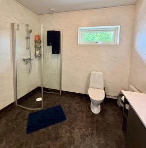 a bathroom with a shower and a toilet at Villa Nina in Sävsjö +27 photos