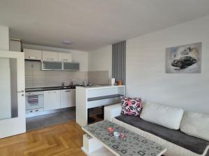 a living room with a couch and a kitchen at Apartman Dreams Lukavica in Lukavica