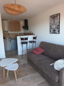 a living room with a couch and a table at Studio au calme tout équipé in Pourrières