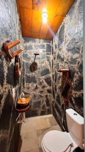 a bathroom with a toilet and a stone wall at Casa Meraki-Cajueiro da Praia-PI in Cajueiro