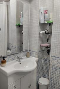 a bathroom with a sink and a toilet and a mirror at Habitaciones individuales en apartamento in Madrid