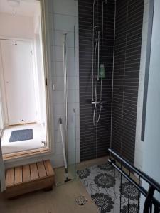 a shower in a bathroom with a window and a shower at Oulaisten mökkeröinen in Oulainen