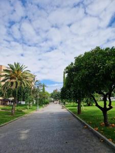 a cobblestone street in a park with trees at Salusahome parking gratuito in Córdoba