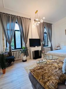a large living room with a bed and a fireplace at Cozy apartment in Rīga