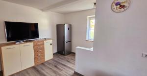 a living room with a refrigerator and a television at Diamond House in Höchstädt an der Donau