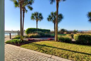 Una pasarela con palmeras en un parque en Waters Edge 105, en Fort Walton Beach