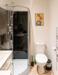 a bathroom with a toilet and a glass shower at Hypercentre, calme, vintage - Le Rétro in Pontarlier