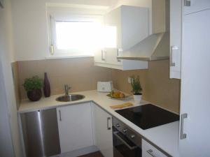 una piccola cucina con armadi bianchi e lavandino di Apartment Mödling a Mödling