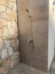 a shower in a bathroom with a stone wall at Casetta Jema in Lumio