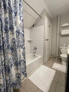 a bathroom with a blue and white shower curtain at Walkable Allentown Downtown Gem with King Bed in Buffalo