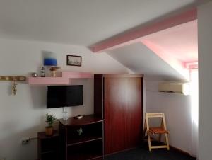 a room with a door and a tv and a chair at Casa David in Sulina
