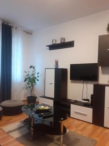 a living room with a coffee table and a flat screen tv at Apartament PARTER in Slănic-Moldova +10 photos
