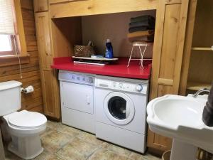 a bathroom with a washing machine and a sink at Bearadise in Ruidoso +38 photos