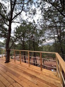 a wooden deck with a tree in the background at Cabaña Mazamitla Glamping de Altura in Mazamitla +16 photos