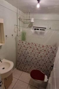 ein Badezimmer mit Toilette und Waschbecken in der Unterkunft Casa de campo Campo Alegre SC 11 Hóspedes in Campo Alegre