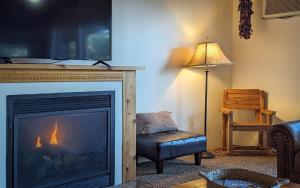 a living room with a fireplace with a chair and a lamp at Mama Bears Cabin in Ruidoso